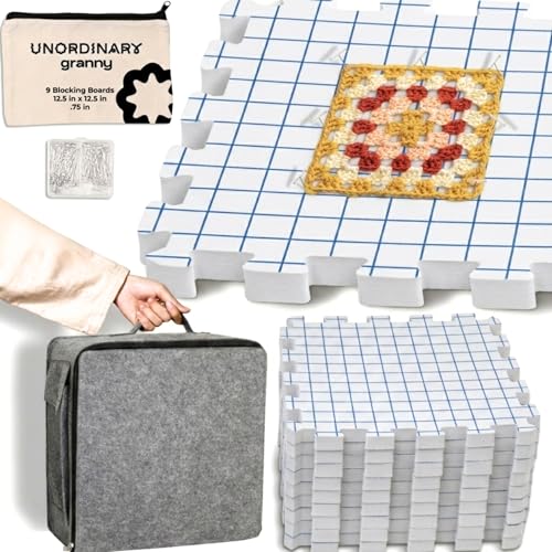 Image of Unordinary Granny Crochet Blocking Board Set - 9 Extra Thick Interlocking Mats with Grid, 150 T-Pins, Felt Storage Bag and Cotton Pouch (Soft White)