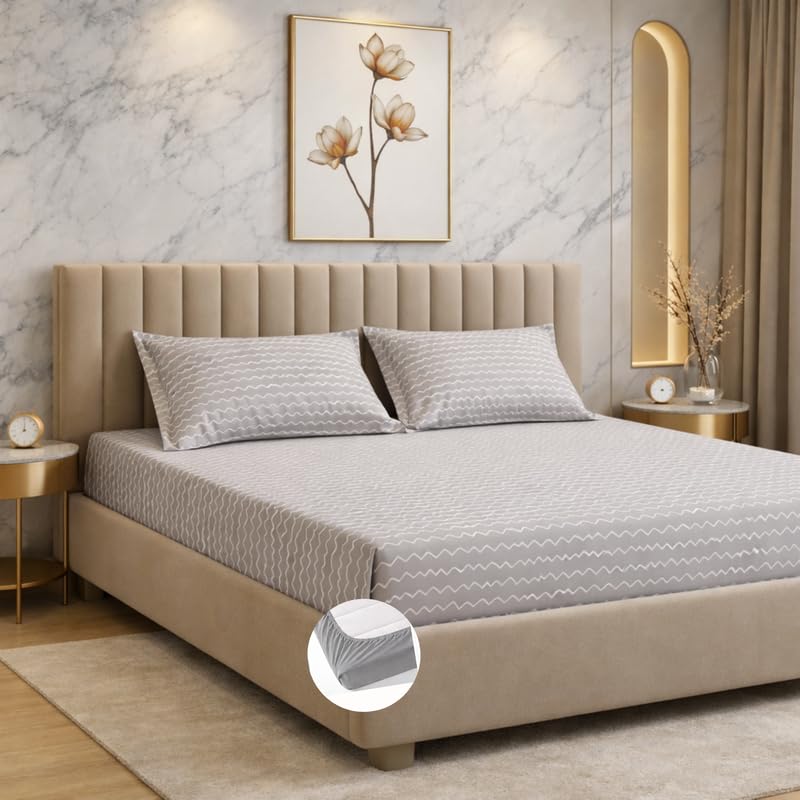Image of THEA Elastic Fitted Double Bedsheet Set| 100% Cotton Like Soft Fabric | Double Bedsheet for Double Bed (72 X 78 x 6 inches) with 2 Pillow covers,Silver Ripple