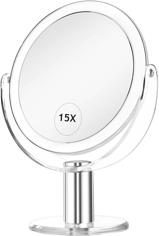 Espelho de maquiagem CLSEVXY com suporte, dupla face 1X/15X, giratório 360°, 18,8 cm