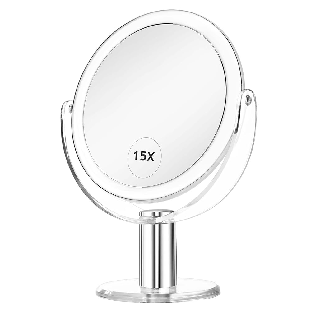 CLSEVXY Vanity Mirror Makeup Mirror with Stand, 1X/15X Magnification Double Sided 360 Degree Swivel Magnifying Mirror, 7.4 Inch