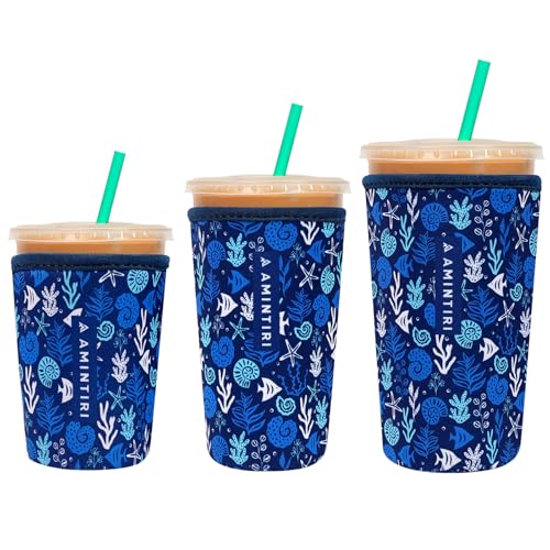 Image of 3 Pack Reusable Sleeve for Iced Coffee Cup, Coffee Neoprene Sleeve for Iced&Hot Drinks, Coffee Sleeve Compatible with Starbucks, Dunkin Coffee Cup. (Ocean Adventures)