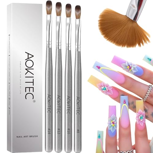 Aokitec Juego de 4 pinceles acrílicos para uñas, para aplicar polvo acrílico, tamaño 8, para tallar uñas 3D, 10/12/14, para extensión de uñas, pincel acrílico con mango para salón de belleza en casa