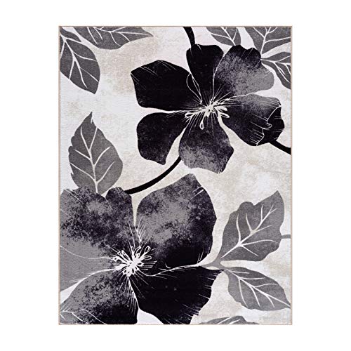Camilson Solana Modern Floral 7'10" X 10'3" Area Rugs Non-Skid (Non-Slip) Rubber Backing Black - Gray Flowers Indoor Rug (8X10, Black Grey) #TOP1
