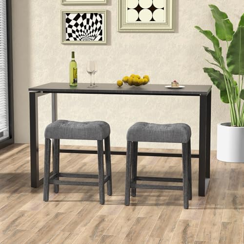 Image of Giantex 24 inch Bar Stools Set of 2, Backless Counter Height Saddle Bar Stools w /Padded Seat, Solid Rubber Wood Legs, Farmhouse Linen Fabric Upholstered Barstools for Kitchen Counter Island, Cafe, Grey