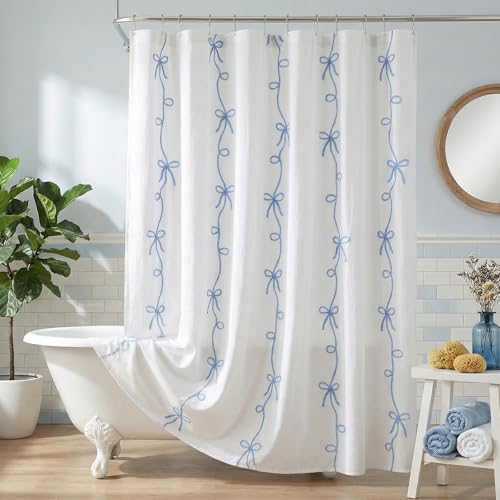 Seasonwood Blue Bow Shower Curtain Cute Cording Bow Embroidery Shower Curtain Pretty Girly Shower Curtains for Bathroom Aesthetic Bathroom Decor(Blue 72x72 Inches)