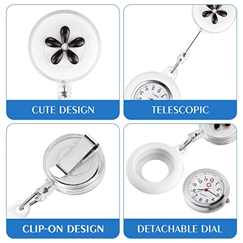 KASTWAVE Retractable Nurse Watches Clip-on Hanging Fob Portable Pocket Watch with Cute Flower Pattern Lapel Watches for Nurses Doctors with Silicone Cover