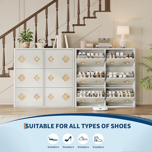 Image of GarveeHome Shoe Storage Cabinet with 6 Flip Drawers, Narrow Wood Shoe Organizer Cabinet with Floral Pattern, Freestanding Slim Shoe Rack Cabinet with Adjustable Shelves, for Entryway, Hallway, White