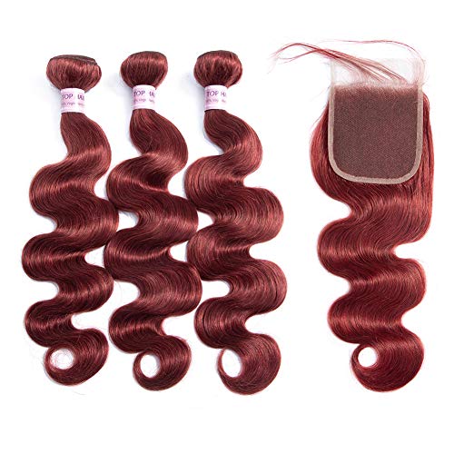 Aigemei Peruvian Burgundy Color Human Hair 3 Bundles with Closure Body Wave 4×4 Virgin Hair Lace Closure with Bundles Unprocessed Human Hair Extensions(18 18 20+18 Closure,Color 33)