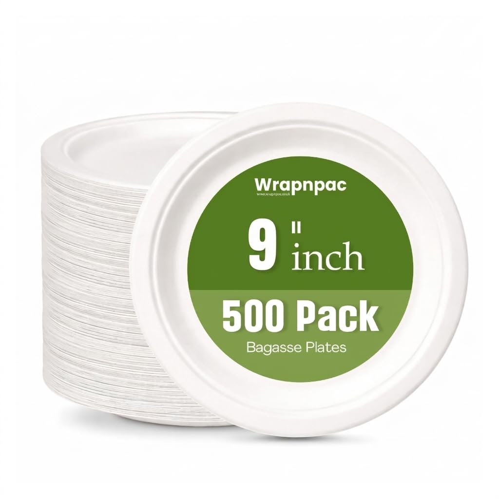 Wrap n Pac 9 inch Round Disposable Biodegradable Bagasse Sugarcane Wedding Party Plates Eco Friendly Tableware Plates (9 Inch - Pack of 500)