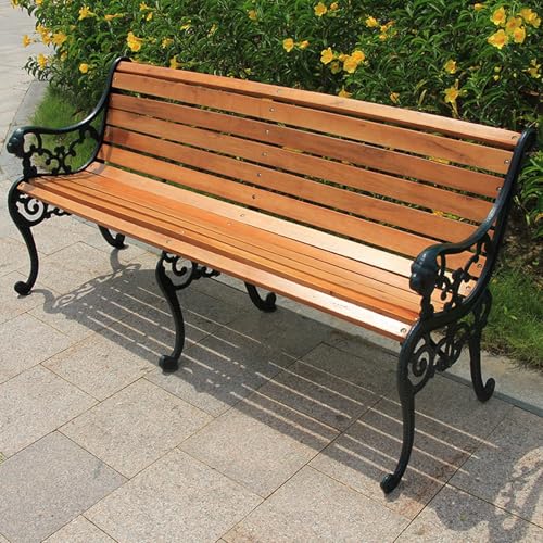 背もたれ付き無垢材屋外パークベンチ、耐候性鋳鉄製パティオベンチチェア、快適な天然スラット木製座面、彫刻入り中空アームレスト(B,180cm/70.9in)