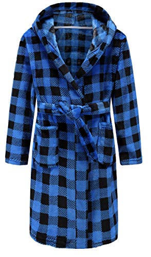 Boys Girls Bathrobes Kids Hooded Robes Plush Soft Fleece Toddler Robes Sleepwear (Blue/Black Plaid, 6 Years)
