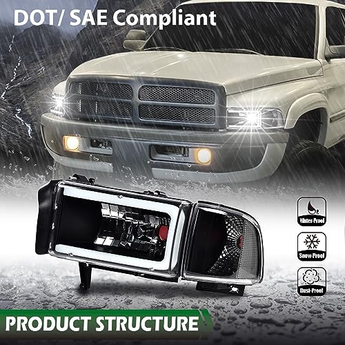 Image of GRAND ORANGE LED Headlight Assembly w /o Bulbs Light Strip Compatible with Dodge Ram 1500 1994-2001 Fit Dodge Ram 2500 3500 1994-2002 Clear Lens Black Housing Clear Reflector