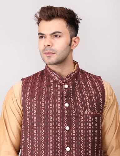 Image of Men's Cotton Silk Blend Regular Kurta Pyjama, Embroidered Nehru Jacket /Waistcoat Set