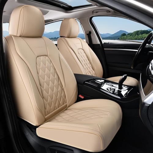 Image of Coverado Front Seat Covers, Luxury Faux Leather Seat Covers for Cars, Beige Car Seat Covers, Car Seat Protector Waterproof, Automotive Interior Accessories Universal Fit for Most Cars Truck SUV Sedan