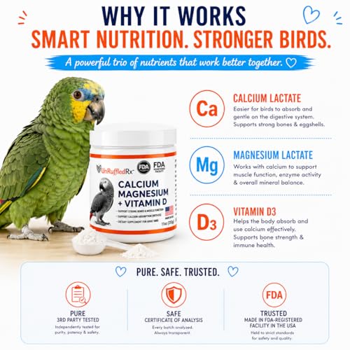UnRuffledRx™ Bird Calcium Plus with Magnesium and D3, Dissolves Clear and Tasteless in Water, Supports Bone, Muscle, Feather and Egg Health, 45 Servings, Made in FDA-Registered USA Facility - Image 4