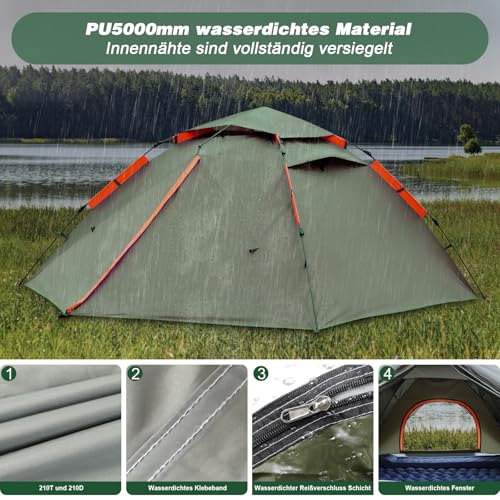 Camping Zelt Pop Up Zelte 2-4 Personen 300x240x145 cm PU5000 Doppelschicht Automatisches Sofortzelt Wasserdicht Winddicht Wurfzelt Tunnelzelt Campingzelt 01 04 V2 vélo Fahrrad – Bild 4