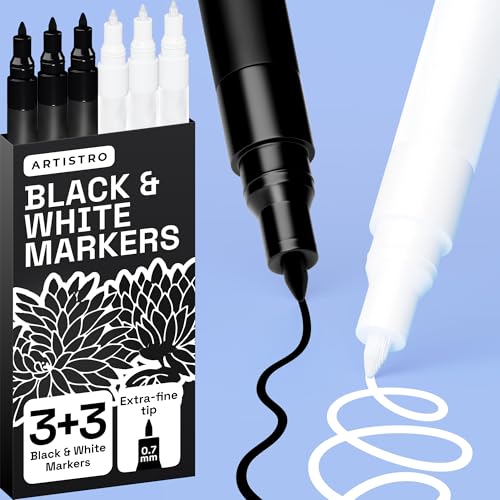 ARTISTRO 6 Black & White Acrylic Paint Pens 0.7mm Extra-Fine Tip Markers Paint Pens for Crafts Rock Painting Glass Wood Canvas DIY Art