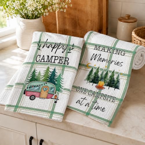 DETIHO 2 Pieces Camping Kitchen Towels, Funny Campings Lover Gifts, Cute Camping Accessories for Rv Campers, Camping Decor, Happy Camper Dish Kitchen Towel (A17)