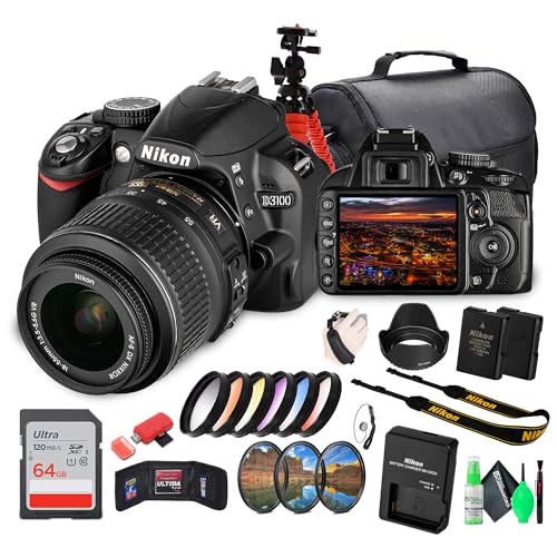 Nikon D3100 DSLR Camera Kit with 18-55mm VR Lens – Beginner-Friendly & Compact (25472) + Camera Bag + 64GB Memory Card + Flexible Tripod + Cleaning Kit + Hand Strap + Card Wallet + More