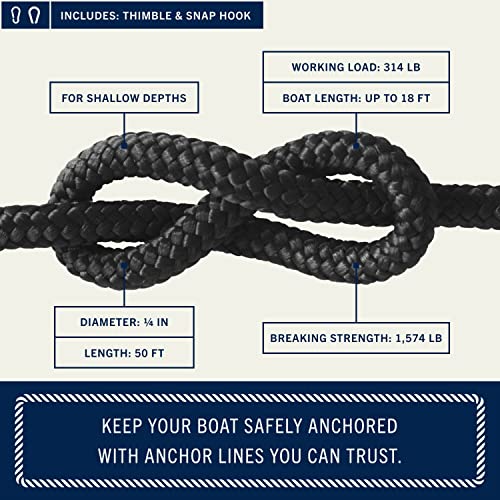 Image of RainierSupplyCo Boat Anchor Rope - Double Braided Marine Rope Anchor Line - 50 ft x 1 /4 Inch Nylon Boating Line with 316 Stainless Steel Thimble and Heavy Duty Marine Grade Snap Hook - Black