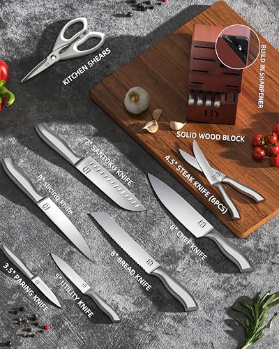 Image of KnifeSaga 14 Pcs Kitchen Knife Set with Block and Sharpener, Professional