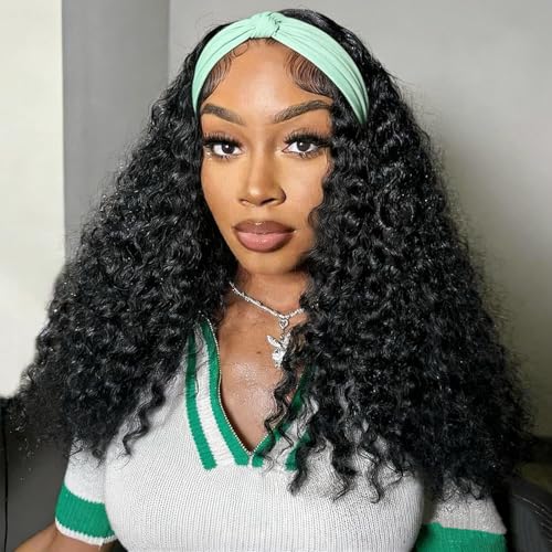 Image of XSY Headband Wig Human Hair Kinky Curly 26 inch Headband Wigs for Black Women Glueless None Lace Front Machine Made Wigs Natural Color 150% Density