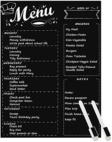 MoKo Magnetic Menu Board for Kitchen Fridge with 2 Markers, 16"x12" Weekly Meal Planner and Grocery List Notepad Dry Erase Board for Refrigerator - Black