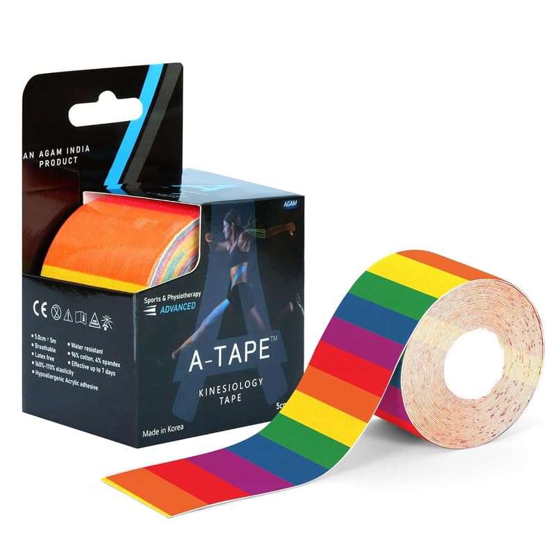 Image of A-Tape Kinesiology Tape 5Cm x 5MTR Roll | Cotton Waterproof Elastic Sports Tape for Muscle Support, Pain Relief, Injury Recovery, Physiotherapy & Joint Stability (Made in Korea) (Color-Rainbow)