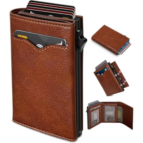 RFID Blocking Trifold Wallet for Men – Genuine Oil-Wax Leather Slim Vertical Bifold, 9 Card Slots, ID Window, Bill Compartment, Travel-Safe Gift (Light brown)