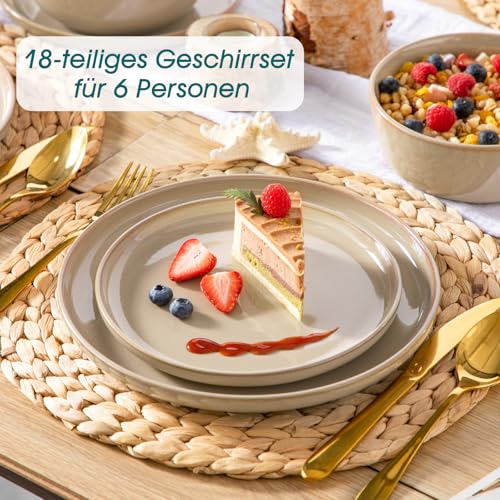 Geschirrset 6 Personen, vancasso PLAYA 18tlg Tafelservice 6 Personen Modern, Steingut Geschirrset, Beinhaltet Schüssel, Dessertteller und Speiseteller, Spülmaschinenfest, Braun