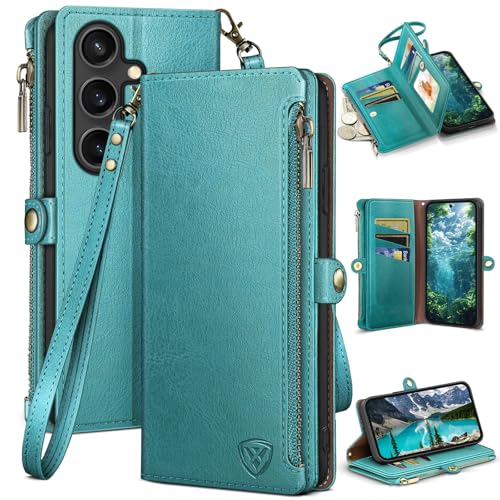 Image of XcaseBar Compatible with Samsung Galaxy S25 Wallet case with Zipper Credit Card Holder【RFID Blocking】,Flip Folio Book PU Leather Phone case Shockproof Cover Women Men for Samsung S25 case Blue Green