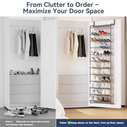Image of Whitmor 36 Pair Over the Door Shoe Rack,12 Tier Hanging Shoe Organizer with Metal Frame & Mesh Shelves, Heavy Duty Shoe Storage Holder for Door, 74 inch H x 21.7 inch W x 7.5 inch D, Matt Gunmetal