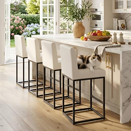 Image of HNY Modern Counter Height Bar Stools Set of 4, Leather Upholstered Barstools with Back, 27 Inch Tall Bar Chair with Armless for Kitchen Island, with Black Metal Frame, White