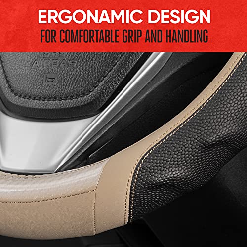 Image of Motor Trend UltraSport Beige Carbon Fiber Steering Wheel Cover, Standard 15 inch Size, Black Faux Leather Comfort Grip, Car Steering Wheel Cover for Auto Truck Van SUV