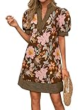 Wenrine Womens Summer V Neck Floral Dresses Casual Puff Short Sleeve Short Boho Beach Dresses with Pockets Brown
