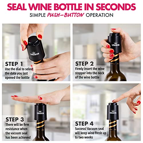 Vinabon Vacuum Wine Stopper Set Of 2 - Preserves Freshness And Flavor For 15 Days. Improved Pump Design, Easy One Button Operation, 100% Leak Proof Seal In Any Position. Includes Wineguide Ebook #TOP6