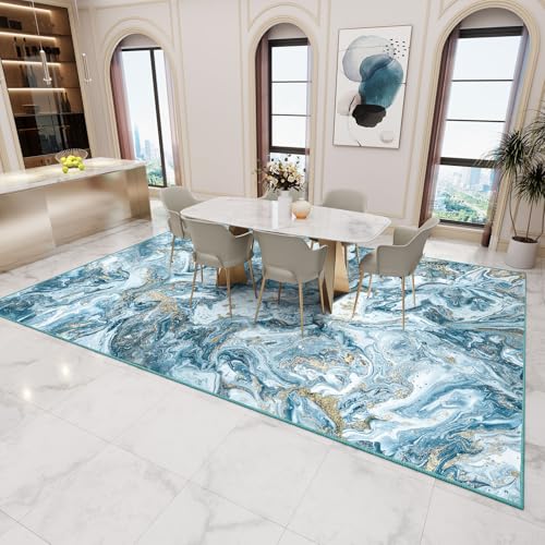 Image of GEMBED Washable Area Rug 8x10 - Artistic Style Modern Rug for Living Room Bedroom Dining Room, Soft Low Pile Machine Washable Carpet, Non Slip Non Shedding Area Rug - Blue /Gold, 8'x10'