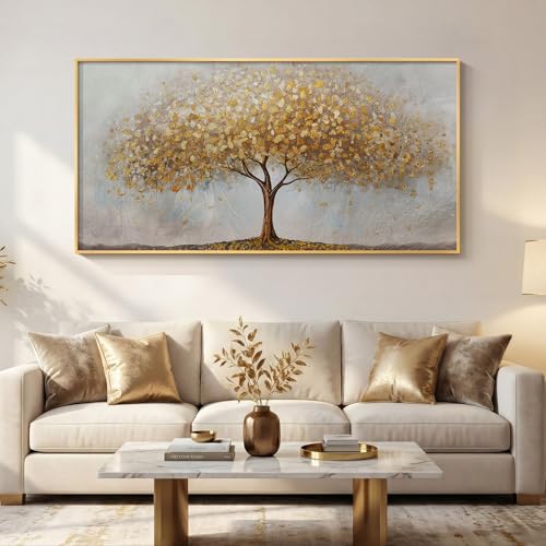 Large Framed Tree of Life Gold Wall Art for Living Room, Canvas Prints Paintings Artwork for Walls, Modern Luxury Golden Big Tree Pictures for Hallway Dining Room Bedroom Office Wall Decor 30x60 In