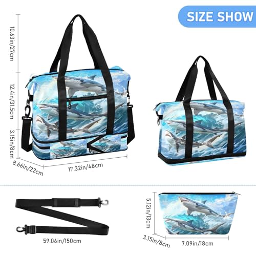 ALAZA Sharks Jumped Waves Travel Duffel Bag for Women Men Sports Gym Bag with Shoe Compartment Tote Weekender Overnight Bag with Wet Pocket for Travel, Gym,Yoga,Swimming3