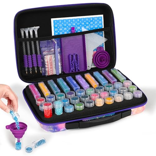 Image of MERATIA Diamond Painting Storage Case Organizer, 40 Slots with Accessories | Celestial Journey hard-shell case with 10 flip-top boxes, 30 screw-top jars, foam insert, mesh pocket and tools.