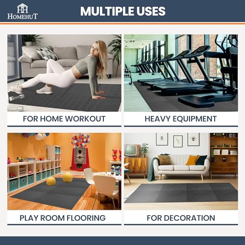 Image of Soft Foam Exercise Floor Mats, Interlocking Puzzle EVA mat tiles For Gym, Garage, Home, Office, Workouts, Yoga, Kids Play, Weights and workout Studio - 60 x 60cm (8 Mats - 32 Sq Ft)