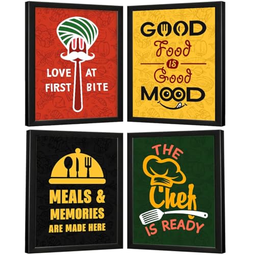 Image of Chaka Chaundh Engineered Wood - Kitchen Quotes Rectangular Wall Frames - (Set of 4) - Dining Frame - Restaurant food Quotes Framed Posters - (14 X 11 inches)
