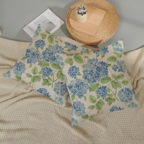 Blue Green Floral Throw Pillow Covers 20x20 Inch 2 Pcs Watercolor Hydrangea Flower Decor Pillow Covers Spring Summer Outdoor Farmhouse Decorative Pillowcase Linen Cushion Cover for Couch Sofa — view 5