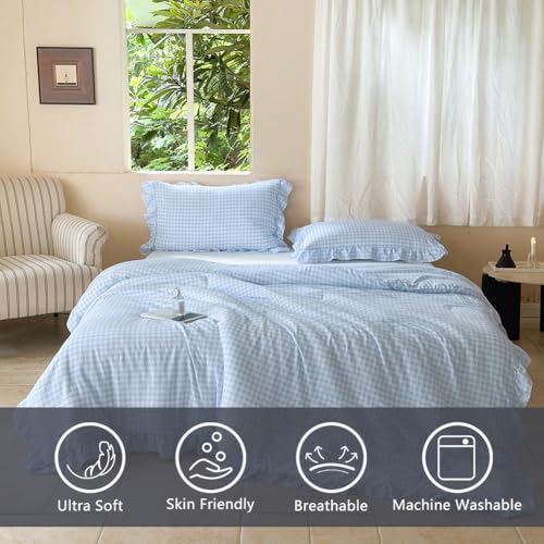 Image of NSNLGSGC Light Blue Ruffle Gingham Comforter Set Twin, Pre-Washed Ruffled Plaid Checked Comforter Bedding, 2 Pieces Vintage Farmhouse Grid Bedding Set(Blue Gingham, Twin)