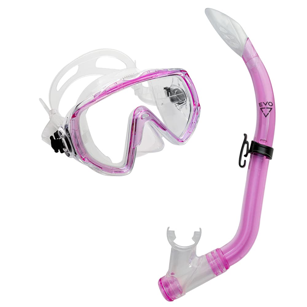 EVO Drift Snorkel Set for Kids, Single Lens Snorkeling Set with Anti-Leak Adjustable Diving Mask and Snorkel for Snorkeling, Diving, Swimming for Boys Girls (Pink)