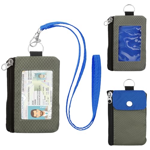 Carteira minimalista com bloqueio de RFID com cordão, capa de identificação funcional com 2 bolsos com zíper e chaveiro para homens e mulheres, porta-cartões com crachá tático, porta-moedas para
