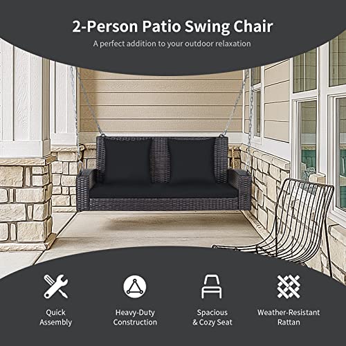 Relax4Life Porch Swing 2-Seat Patio Rattan, Wicker Porch Swings Outdoor W/ Two 7.9 Ft Solid Steel Chain, Comfortable Back & Seat Cushions, For Front Porch, Garden, Backyard Patio Swing (Black) #TOP4
