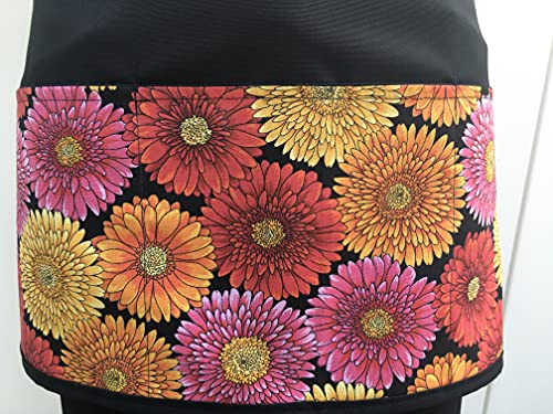 3 Pockets Waist Apron Bright Sunflowers Print Waitress Or Server, Black Half Apron. Check Out 300 Designs @ Janets Aprons Handmade, Flowers, Kitchen Cooking, Crafts, And Restaurants #TOP1
