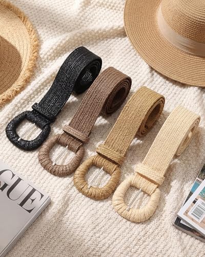 Image of WILLBOND 4 Pcs Women's Elastic Raffia Woven Belt, Boho Rattan Buckle Stretch Straw Wide Waist Belt for Dresses Jeans Pants