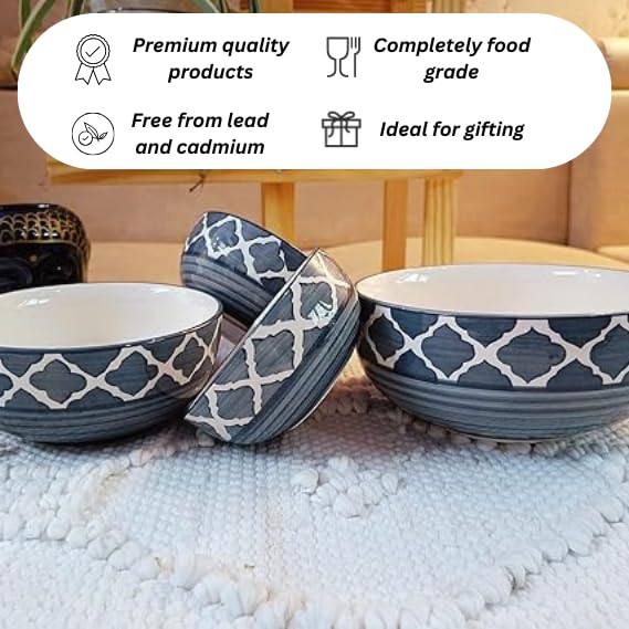Image of Niyara Stoneware Handmade Ceramic Stylish Premium Serving Bowls /Salad Tray Microwave Dishwasher Safe Set of 4 (Grey Moroccan)